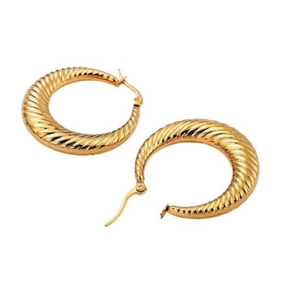 24k Gold Plated Swirl Line Graduated Hoop Pierced Post Earrings Graduated Band - Picture 7 of 10